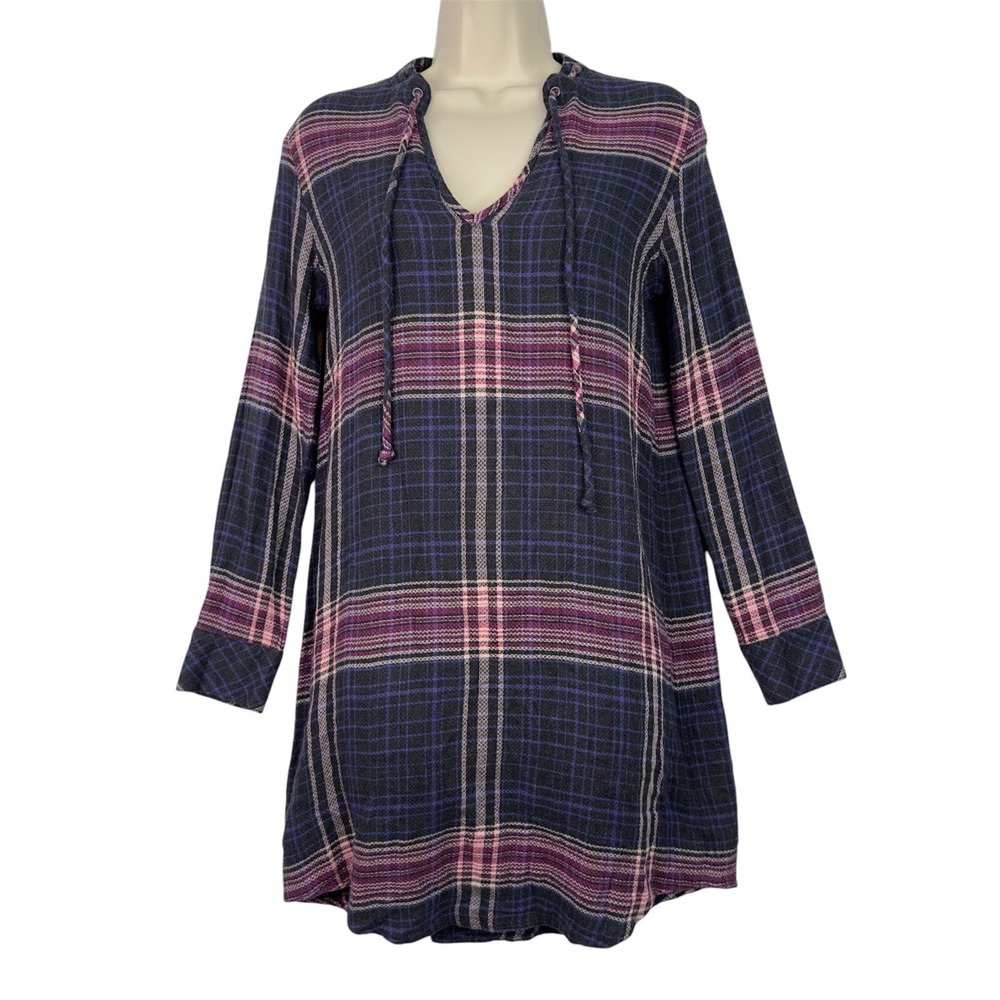 Cloth & Stone Anthropologie Plaid Tunic Dress XS Hi Low Shirt Dress Boho